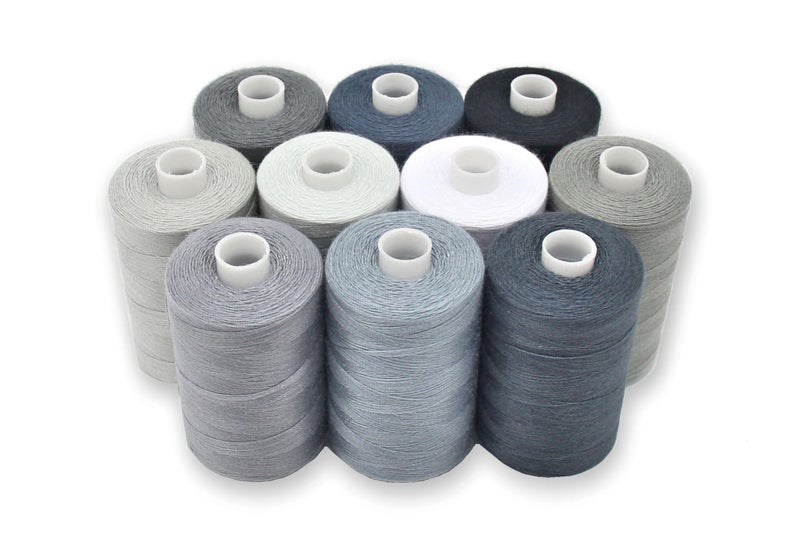 BlesSew Gray Sewing Threads - 10 Large Spools of Polyester Thread for Hand, Quilting & Sewing Machine - Grey Shades Plus Black & White - 1000 Yards Per Spool - Image 1